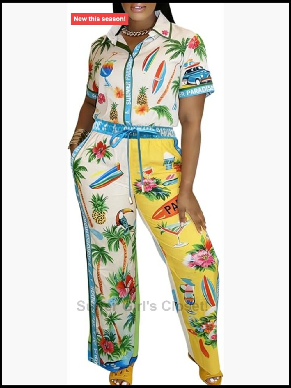Tropical Print Button Down Pant Set - High Waist Straight Leg Pants